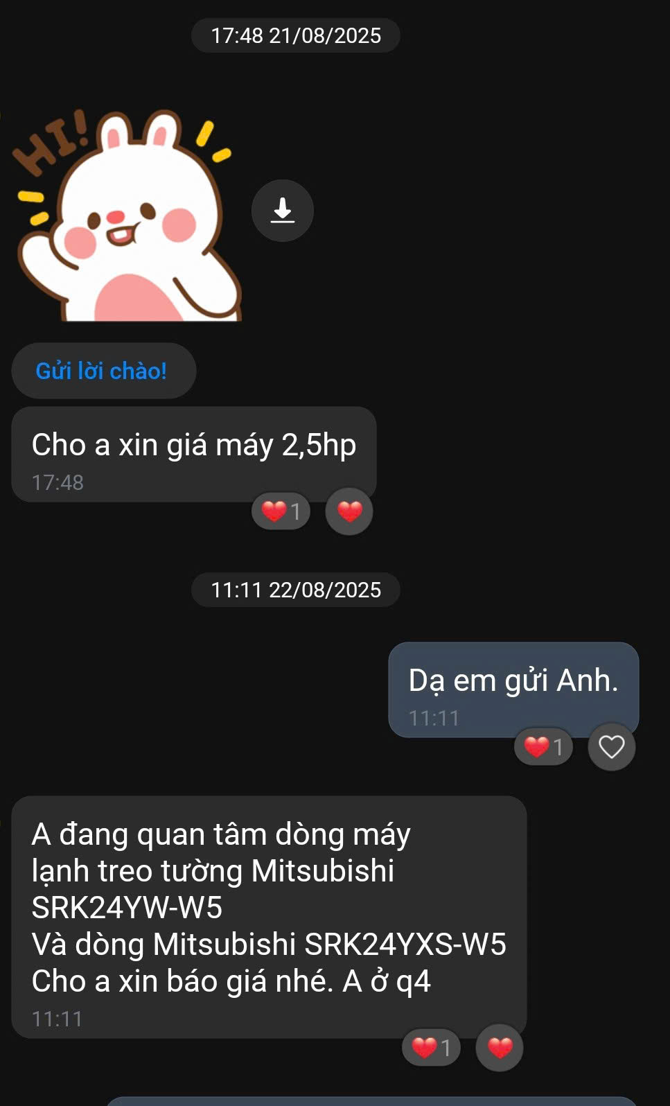 Khách hàng liên hệ, trao đổi báo giá các model SRK24YW-W5 và SRK24YXS-W5