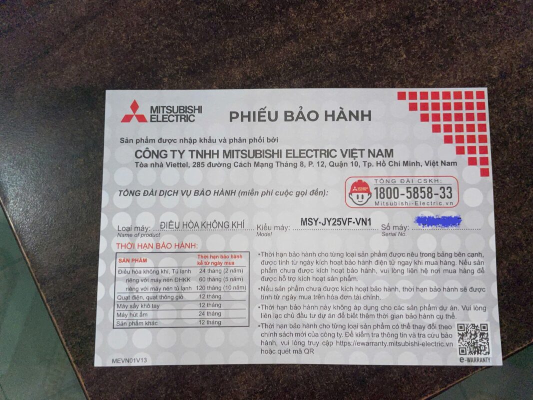 Phiếu bảo hành chính hãng máy lạnh Mitsubishi Electric